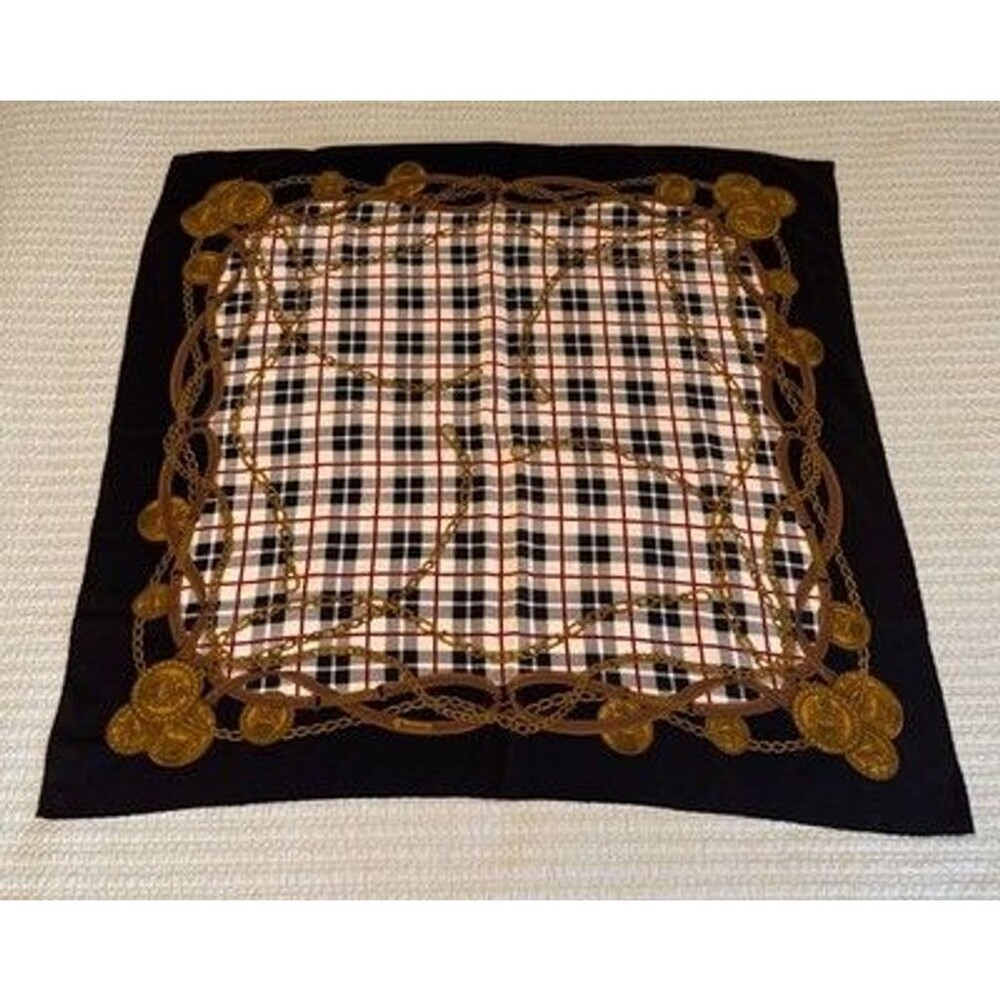 Vintage Aquascutum Silk Scarf Belt Buckle Chain Plaid Red Black Gold 34” X 34”